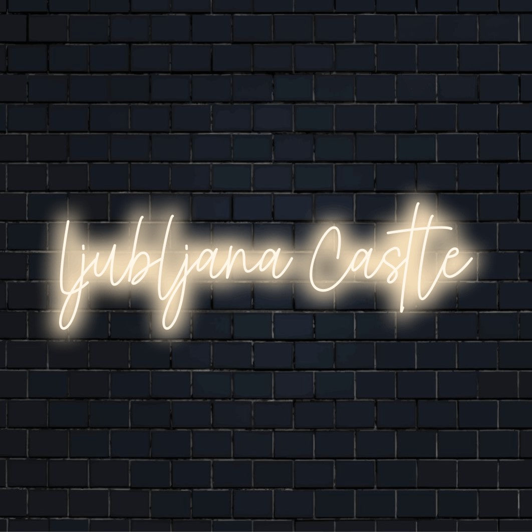 Ljubljana Castle LED Neon Sign, glowing lettering against brick backdrop
