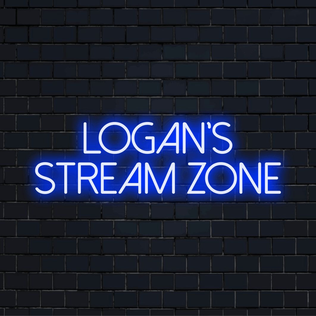 Logan_s Stream Zone Personalized LED Neon Sign, glowing wall decor on black brick background