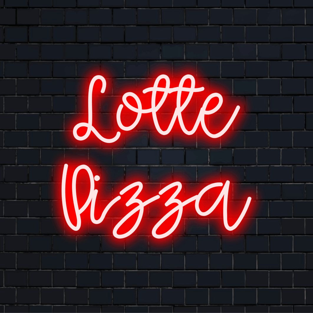 Lotte Pizza Custom Name Neon Sign, glowing neon text against black brick wall