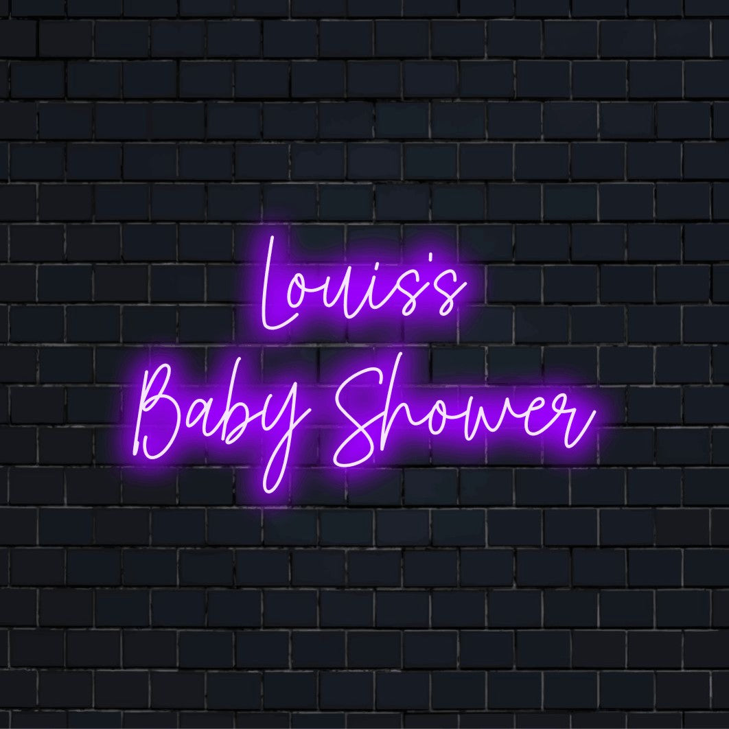 Louis_s Baby Shower Custom Name Neon Sign, glowing neon text against black brick wall
