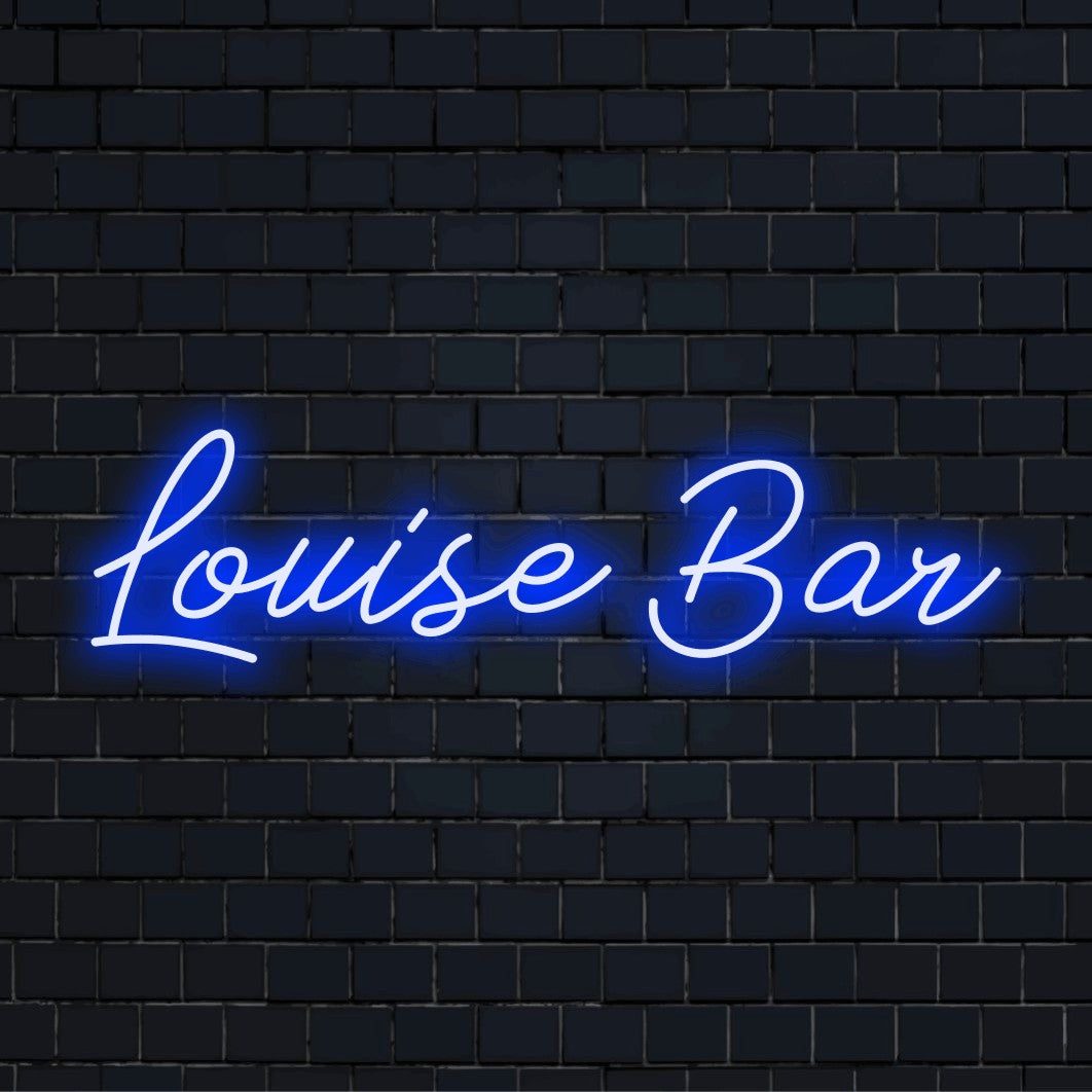 Louise Bar Custom Name Neon Sign, bright neon glow on dark brick wall