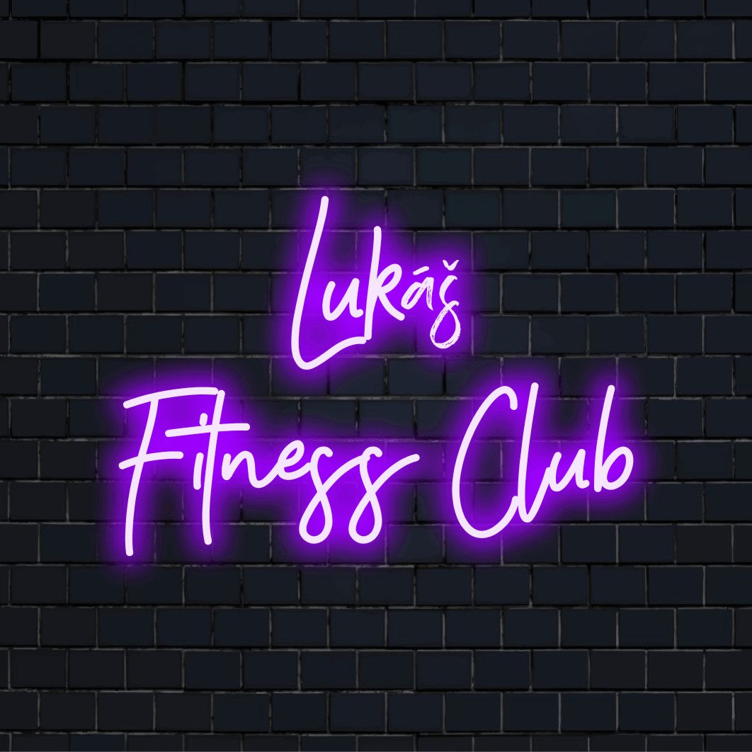 Lukas Fitness Club Custom Name Neon Sign, bright neon lettering on dark brick wall