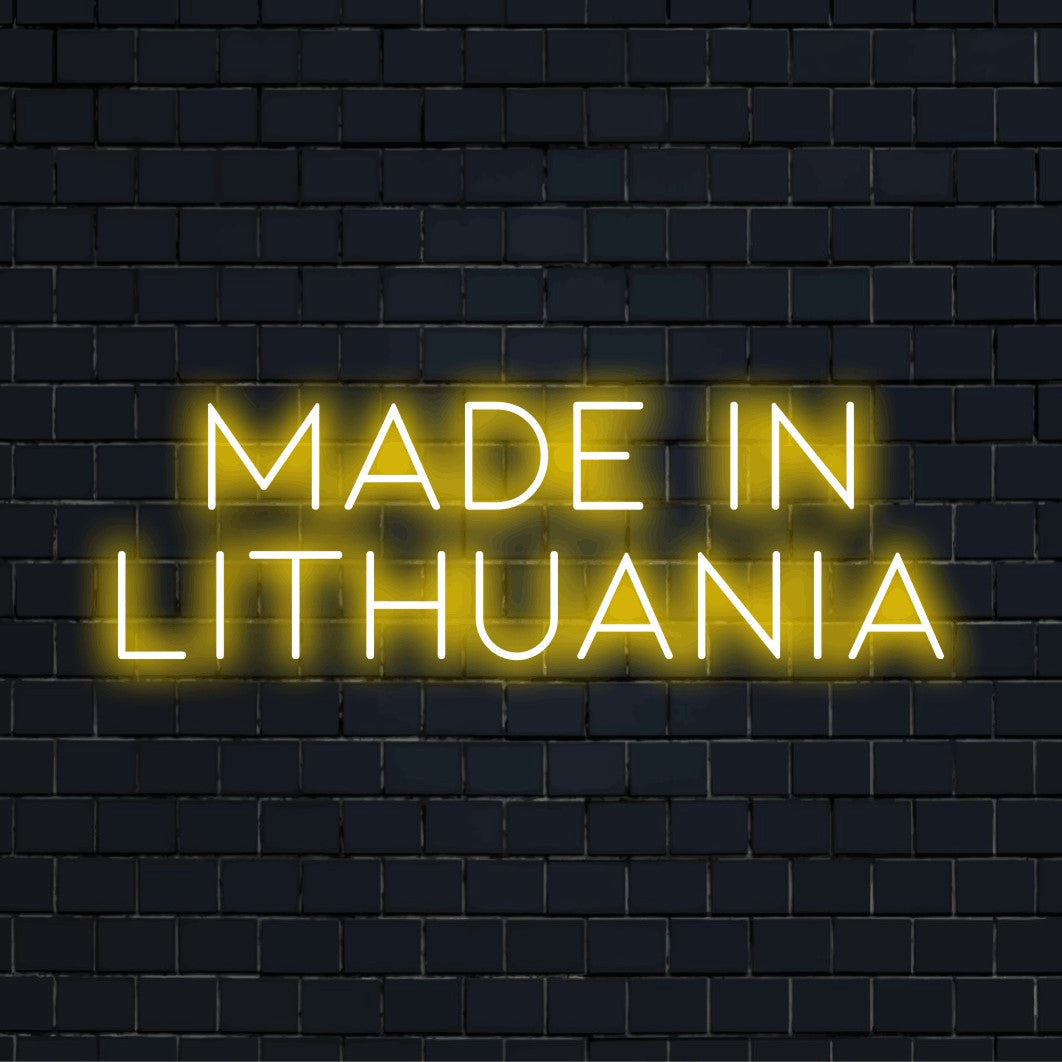 Made In Lithuania Neon Sign, soft neon glow on black brick background