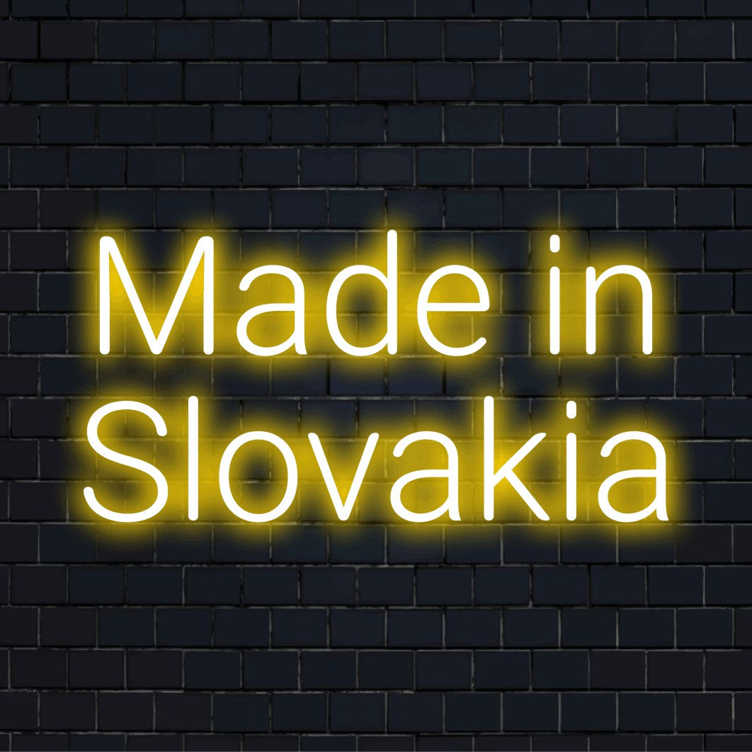 Made In Slovakia Neon Sign, glowing wall decor against brick backdrop