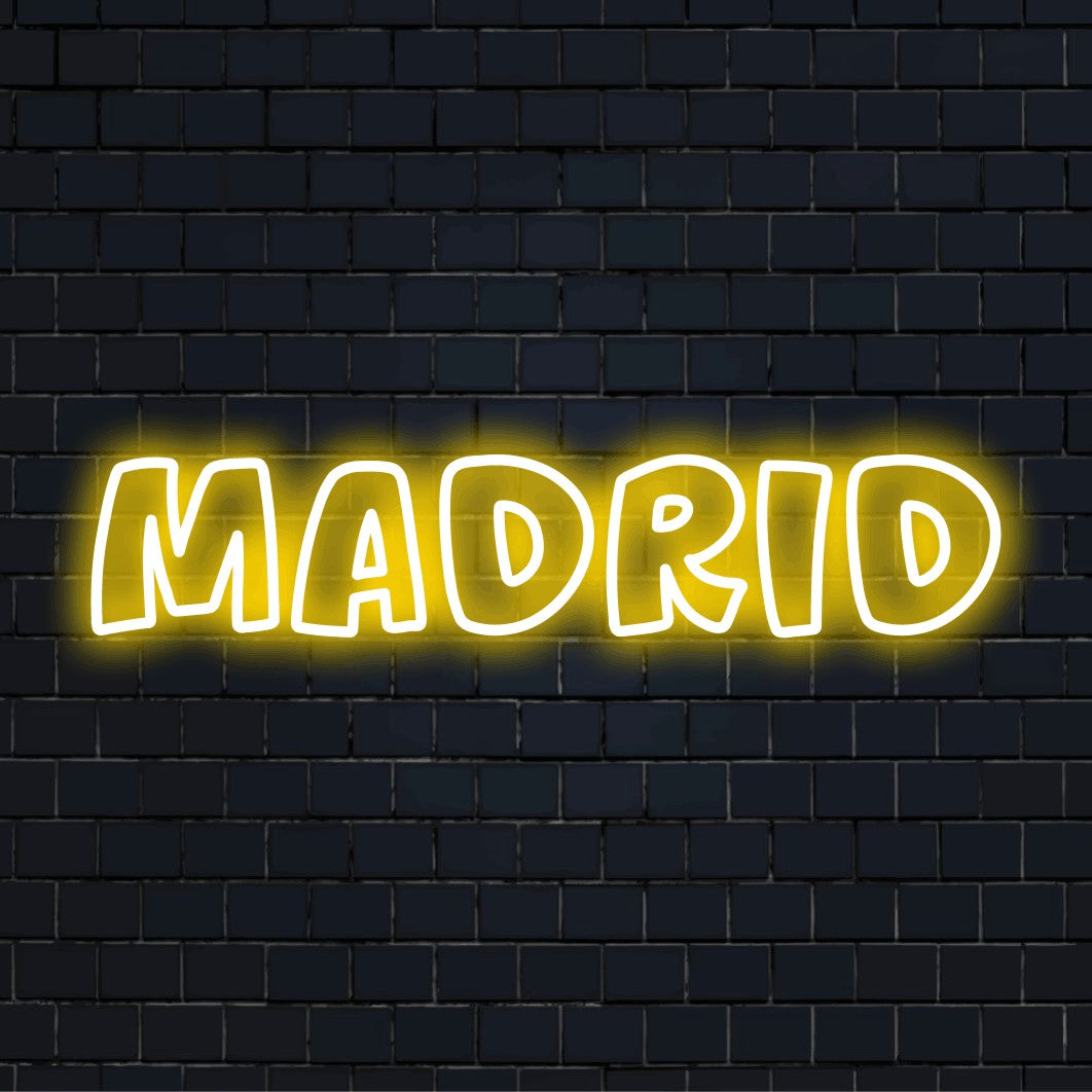 Madrid LED Neon Sign, glowing neon text on dark brick background