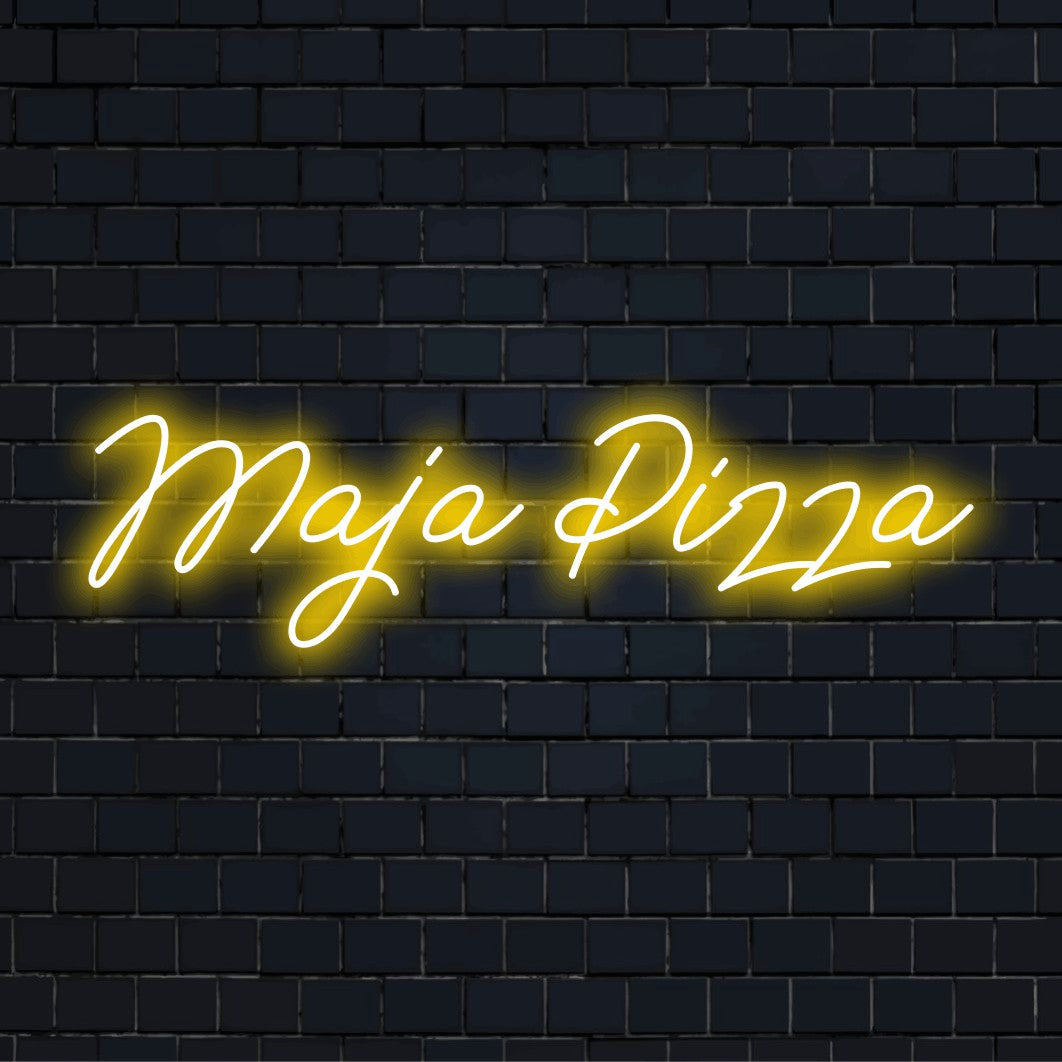 Maja Pizza Personalized Neon Light with bright LED glow on black brick background