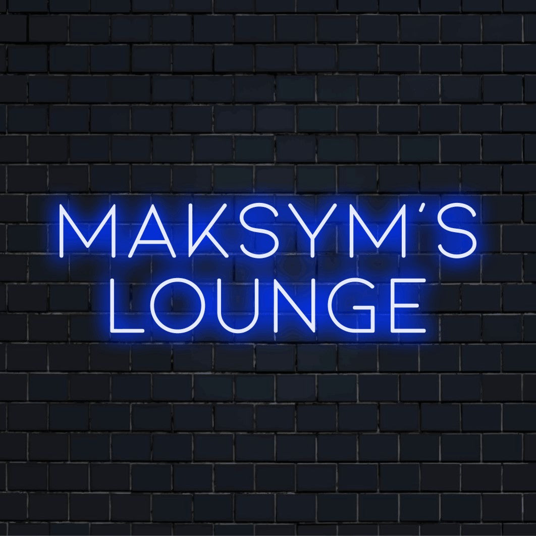 Maksym_s Lounge Custom Name Neon Sign, neon text light on black brick background