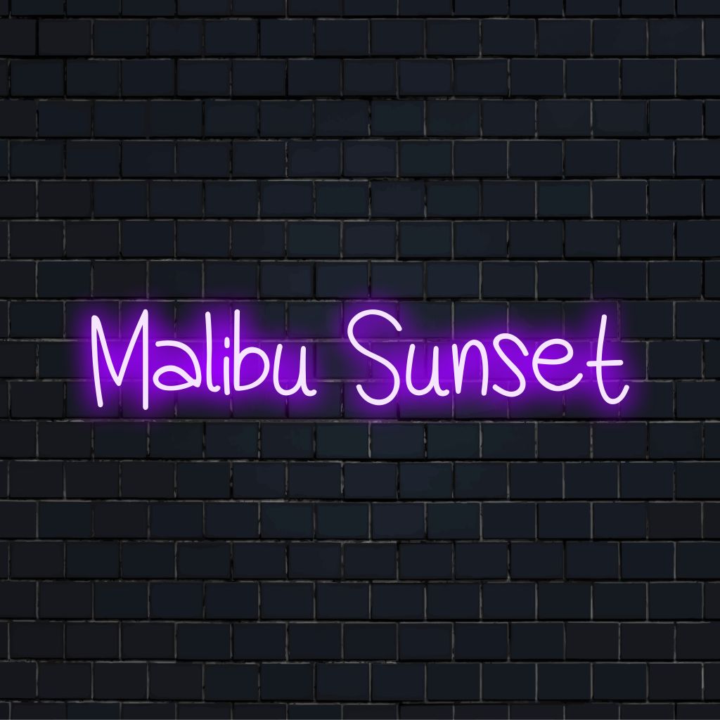 Malibu Sunset LED Neon Sign, glowing wall decor on black brick background