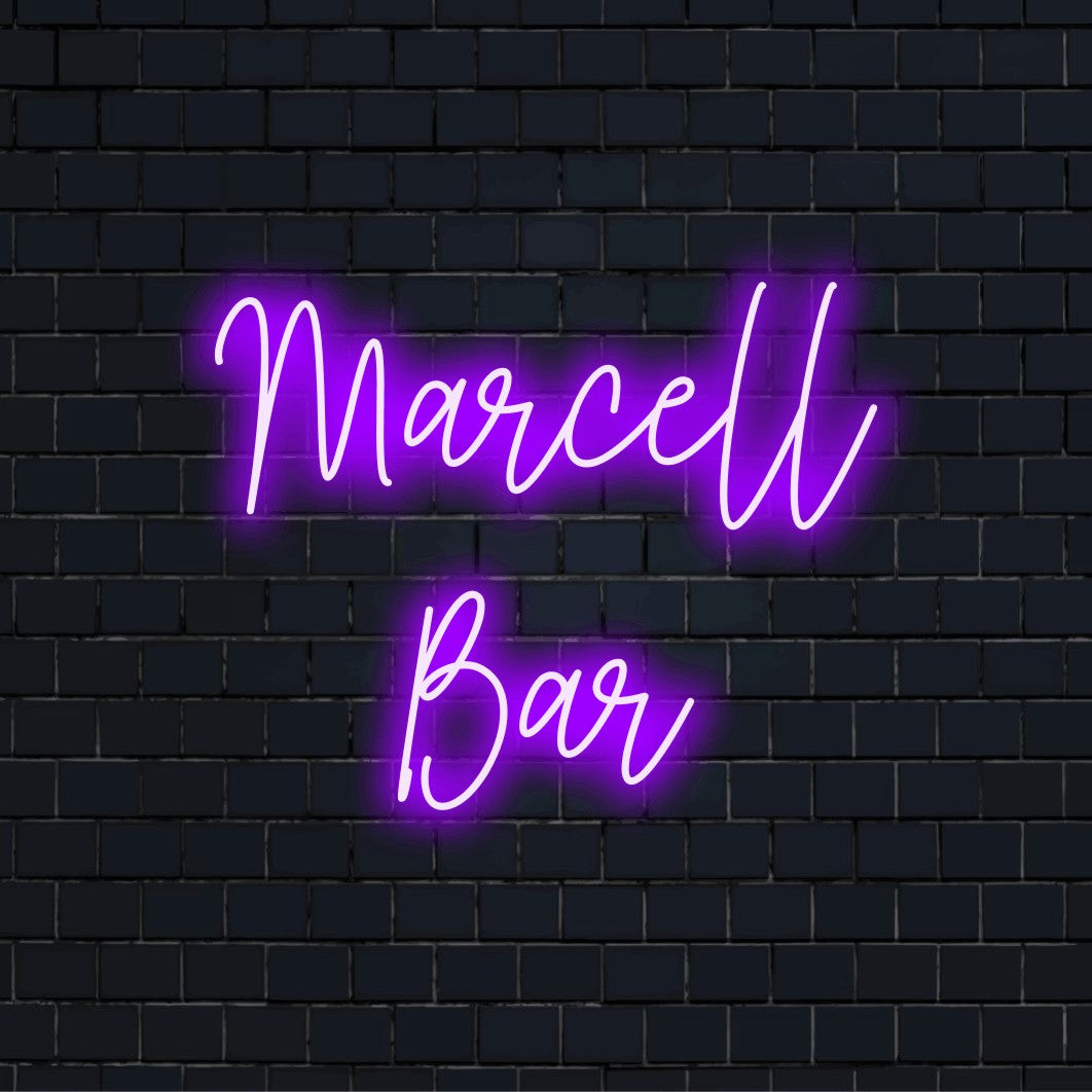 Marcell Bar Personalized Neon Light with bright LED glow on black brick background