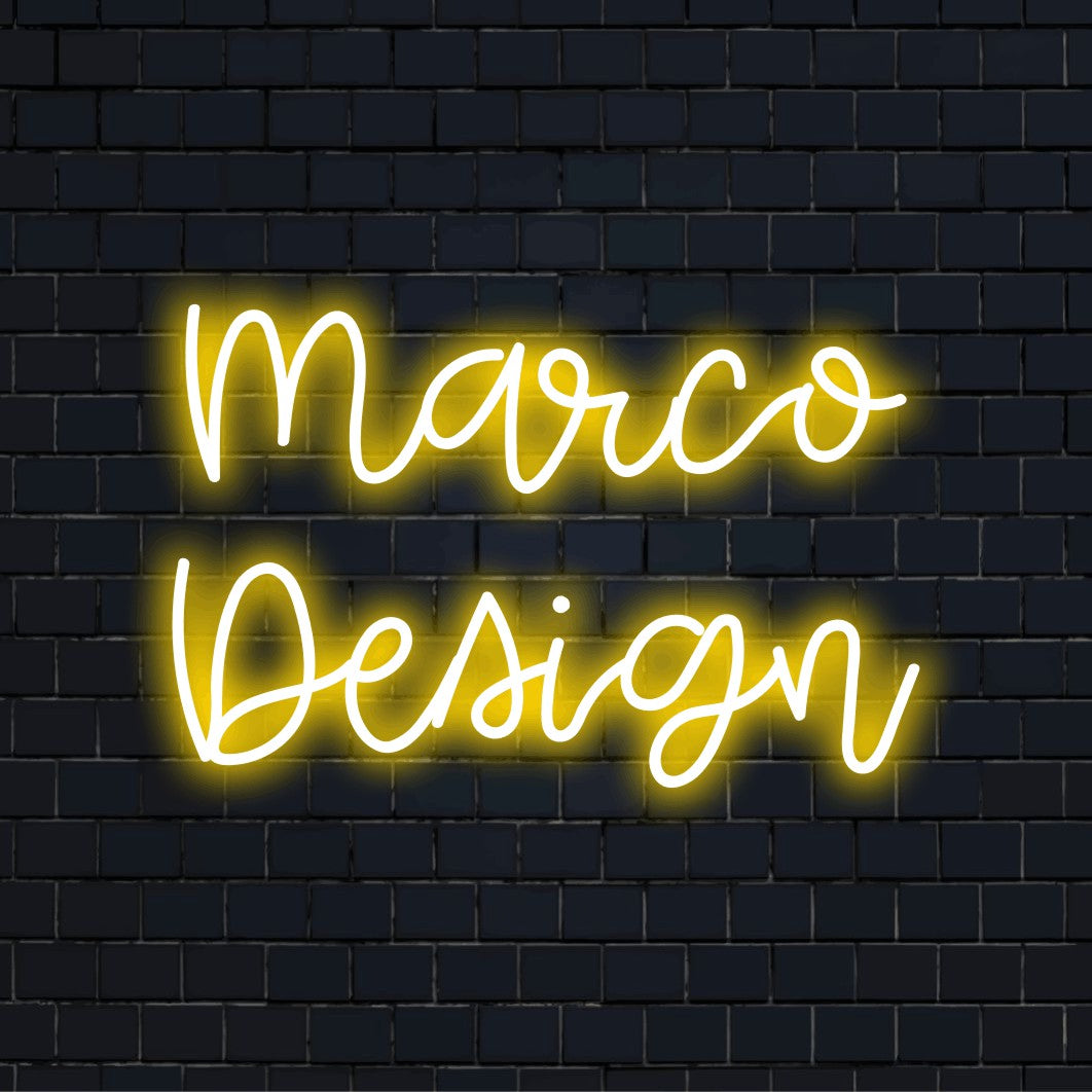 Marco Design Custom Name Neon Sign, glowing lettering on dark brick background