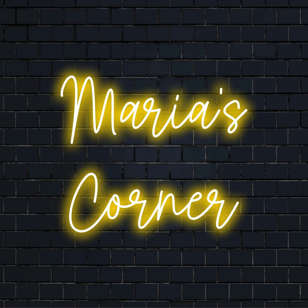 Maria_s Corner Personalized LED Neon Sign, glowing neon text on black brick background