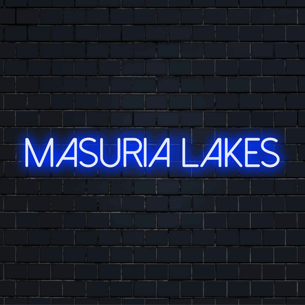 Masuria Lakes LED Neon Sign, glowing lettering against black brick wall