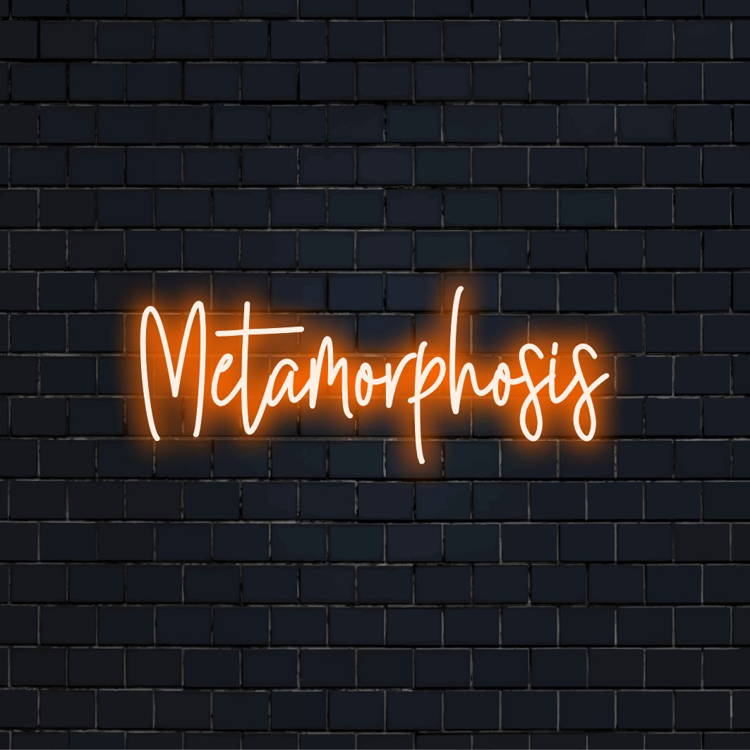 Metamorphosis Neon Sign, glowing lettering against brick backdrop