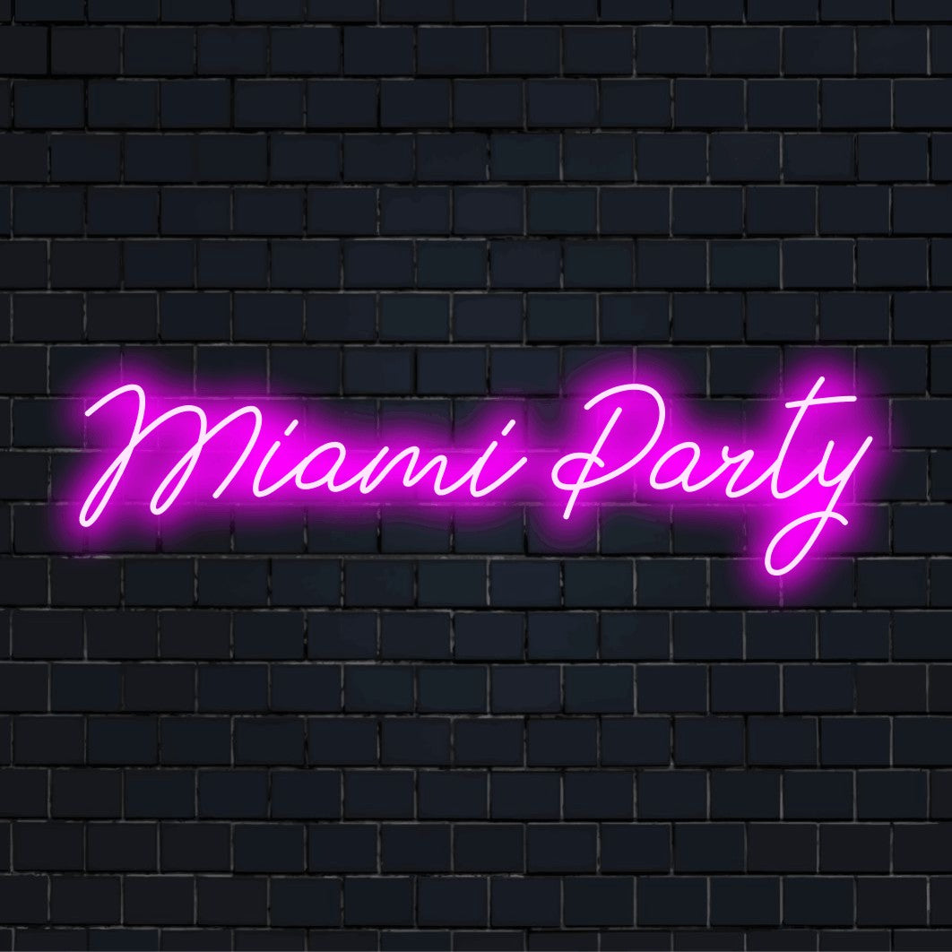 Miami Party Neon Sign, glowing lettering on black brick background