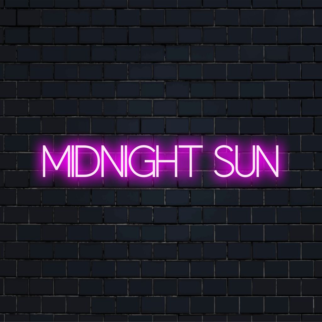 Midnight Sun Neon Light with soft neon glow on dark brick wall