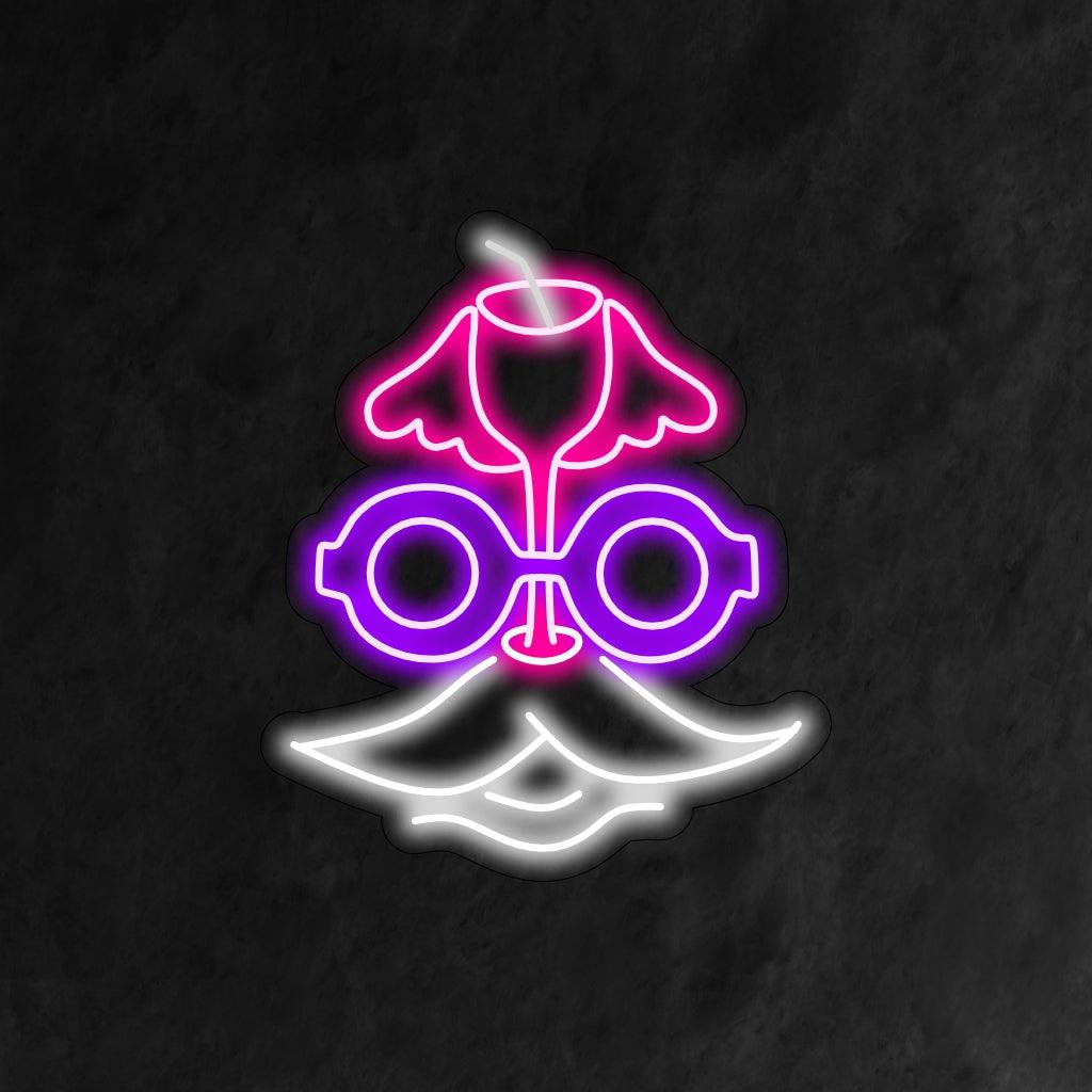 Retrovaikutteinen neonkyltti, jossa on viehättävät kasvot, tyylikkäät viikset, trendikkäät lasit ja cocktail kädessä.