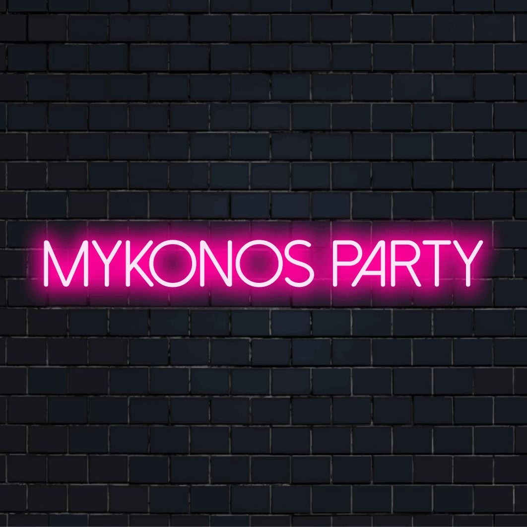 Mykonos Party LED Neon Sign, bright neon lettering on dark brick wall
