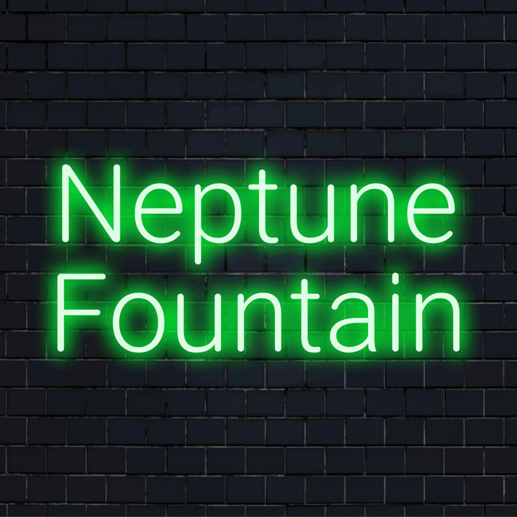 Neptune Fountain LED Neon Sign, soft neon glow on dark brick wall