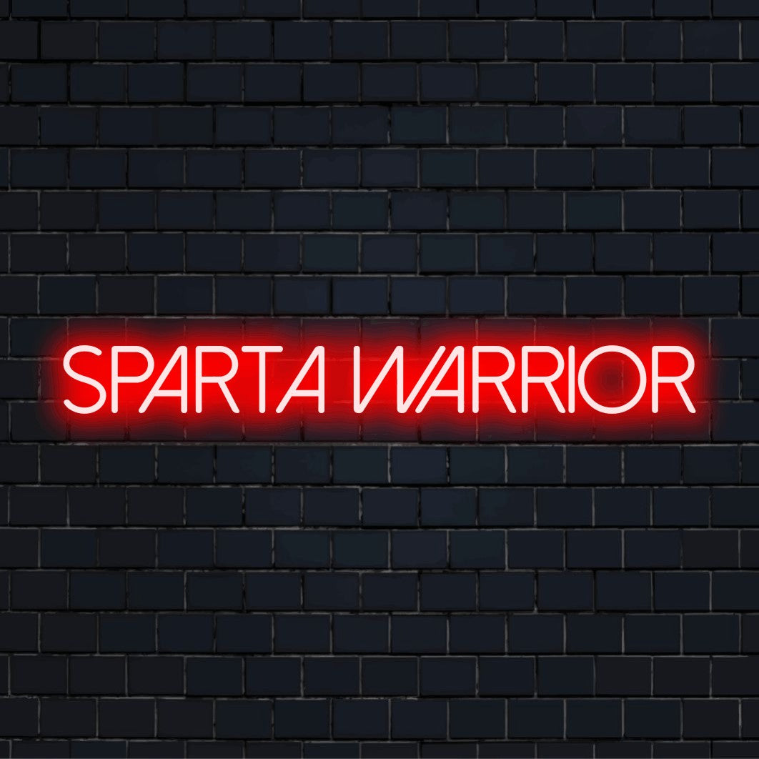 Sparta Warrior Neon Sign, glowing neon text against black brick wall