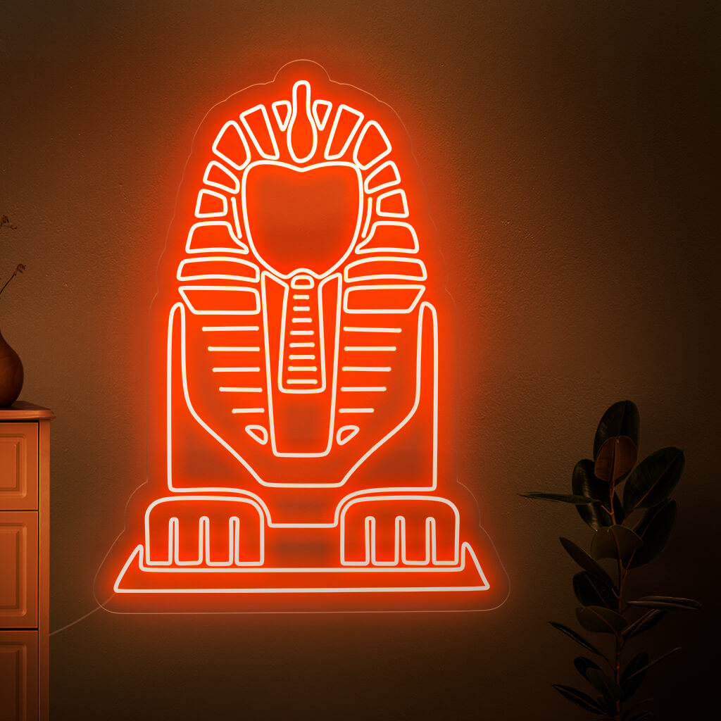 Hurmaava Sfinksi-neonkyltti egyptiläisaiheiseen sisustukseen, joka säteilee elävää ja kiehtovaa valoa.
