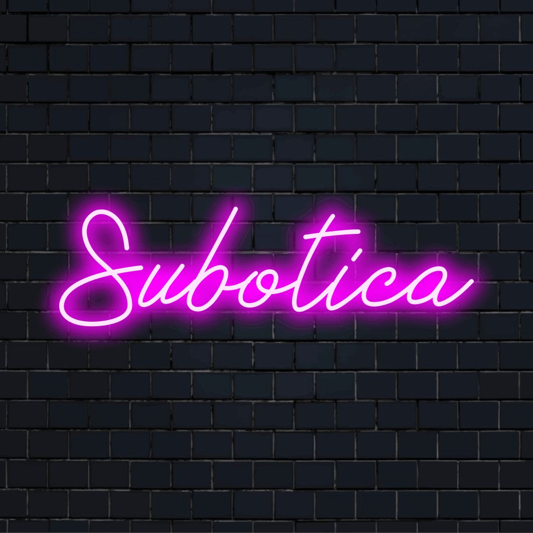 Subotica Neon Sign, bright LED glow on dark brick background