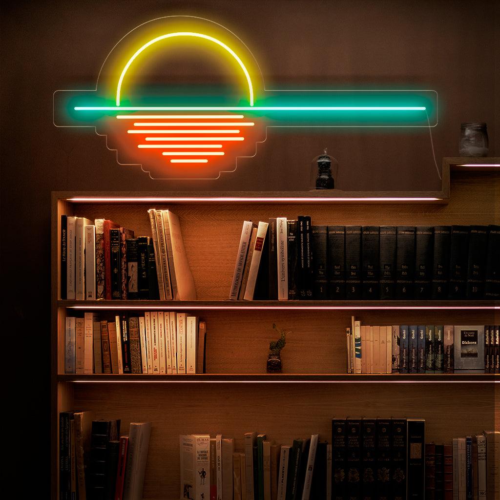 Kiehtova neonkyltti, jossa on eloisa auringonlasku.