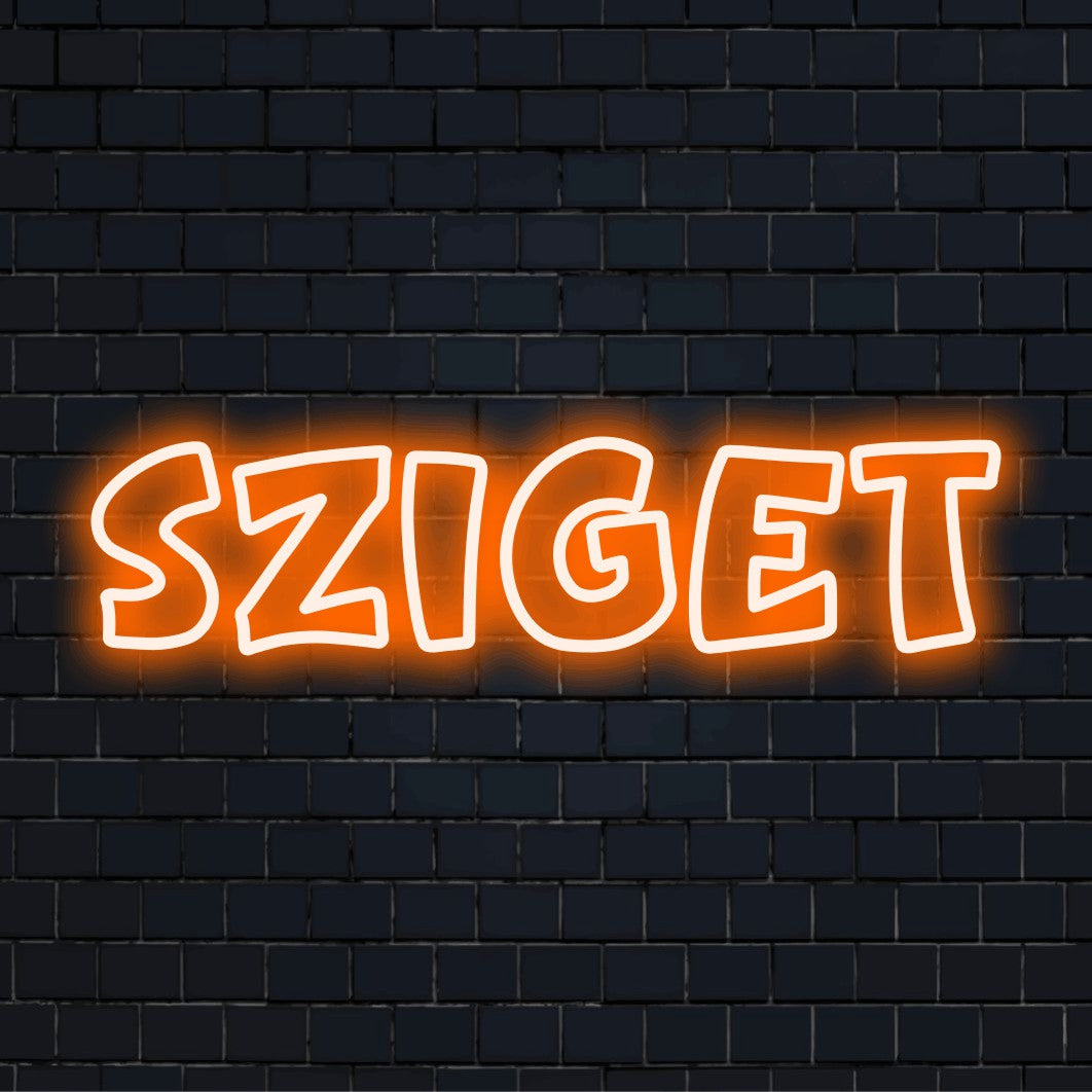 Sziget Neon Sign, glowing lettering against black brick wall