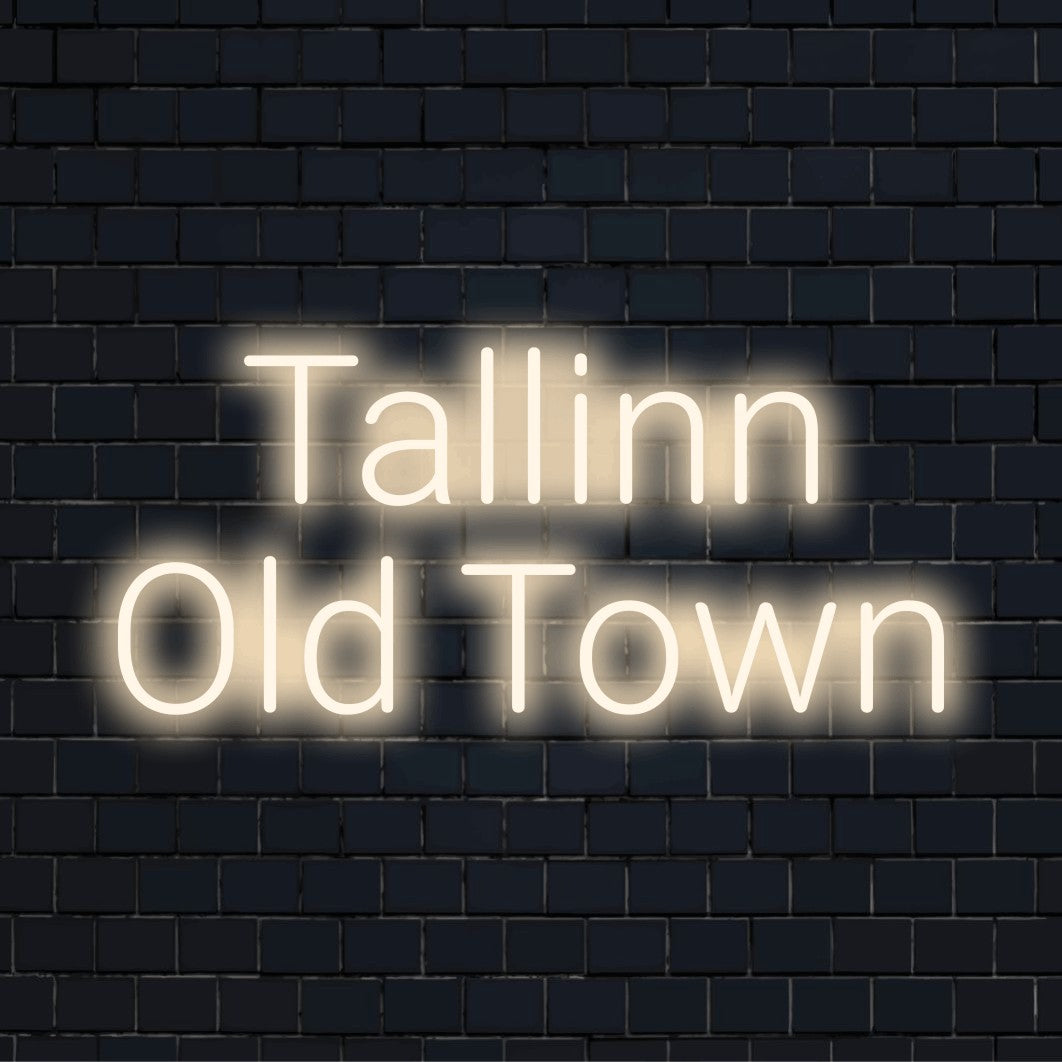 Tallinn Old Town Neon Sign, soft neon glow on dark brick background