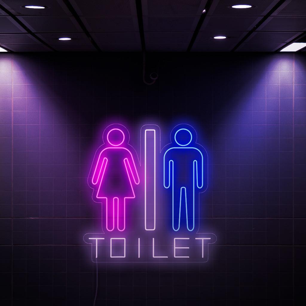 Kiehtova neonkyltti, jossa on naisen ja miehen symboli sekä sana "WC". Tämä ainutlaatuinen kyltti lisää ripauksen tyyliä ja toimivuutta wc-tiloihin, jolloin molempien sukupuolten on helppo löytää kylpyhuone.