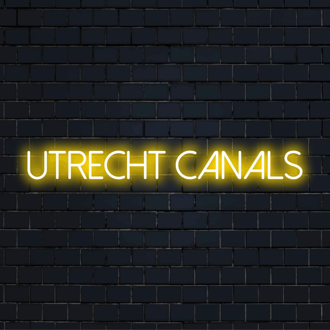 Utrecht Canals LED Neon Sign, bright neon lettering on dark brick wall
