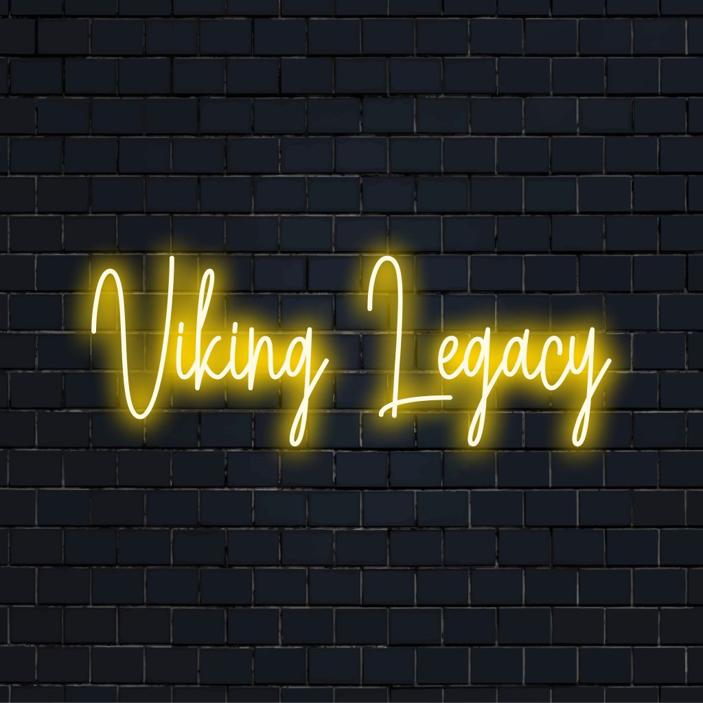 Viking Legacy Neon Light with glowing neon text on dark brick wall