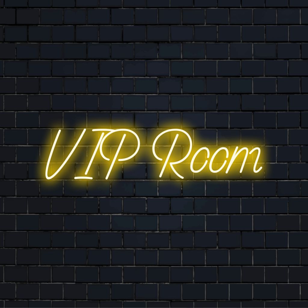 Vip Room LED Neon Sign, glowing lettering on dark brick wall