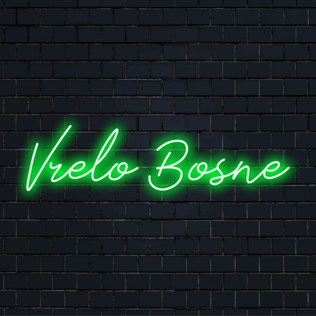 Vrelo Bosne Neon Light with glowing wall decor against black brick wall