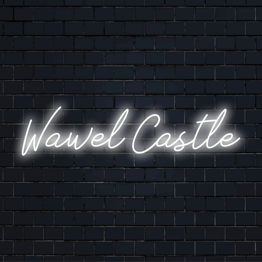Wawel Castle Neon Light with bright LED glow on black brick background