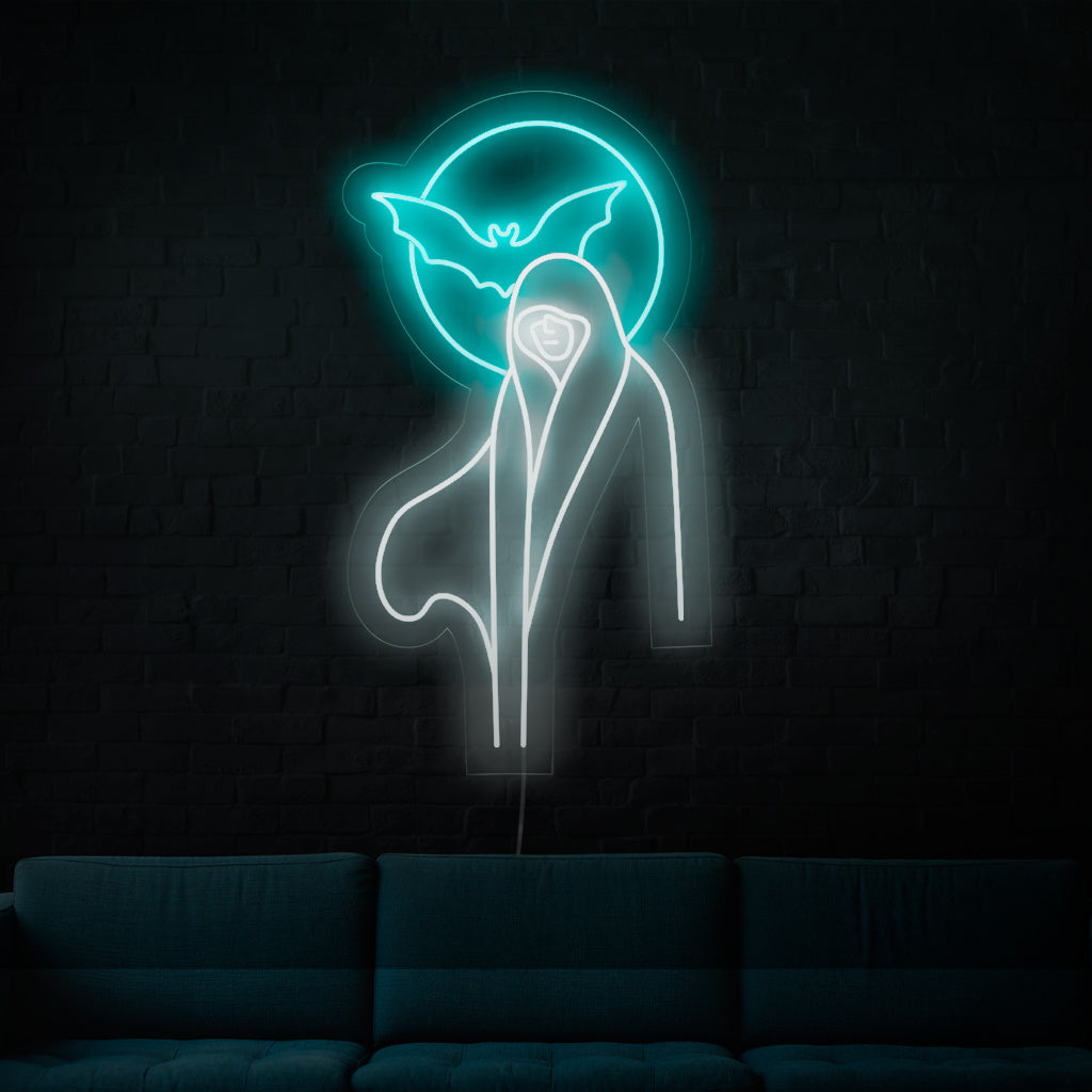 Käsintehdyt valkoiset lady ghosts -neonkyltit, kiehtova lisä paranormaaliin tai kummitusaiheiseen sisustukseen