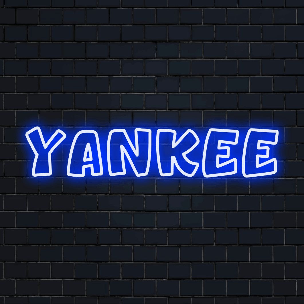 Yankee Neon Light with bright LED glow on dark brick background