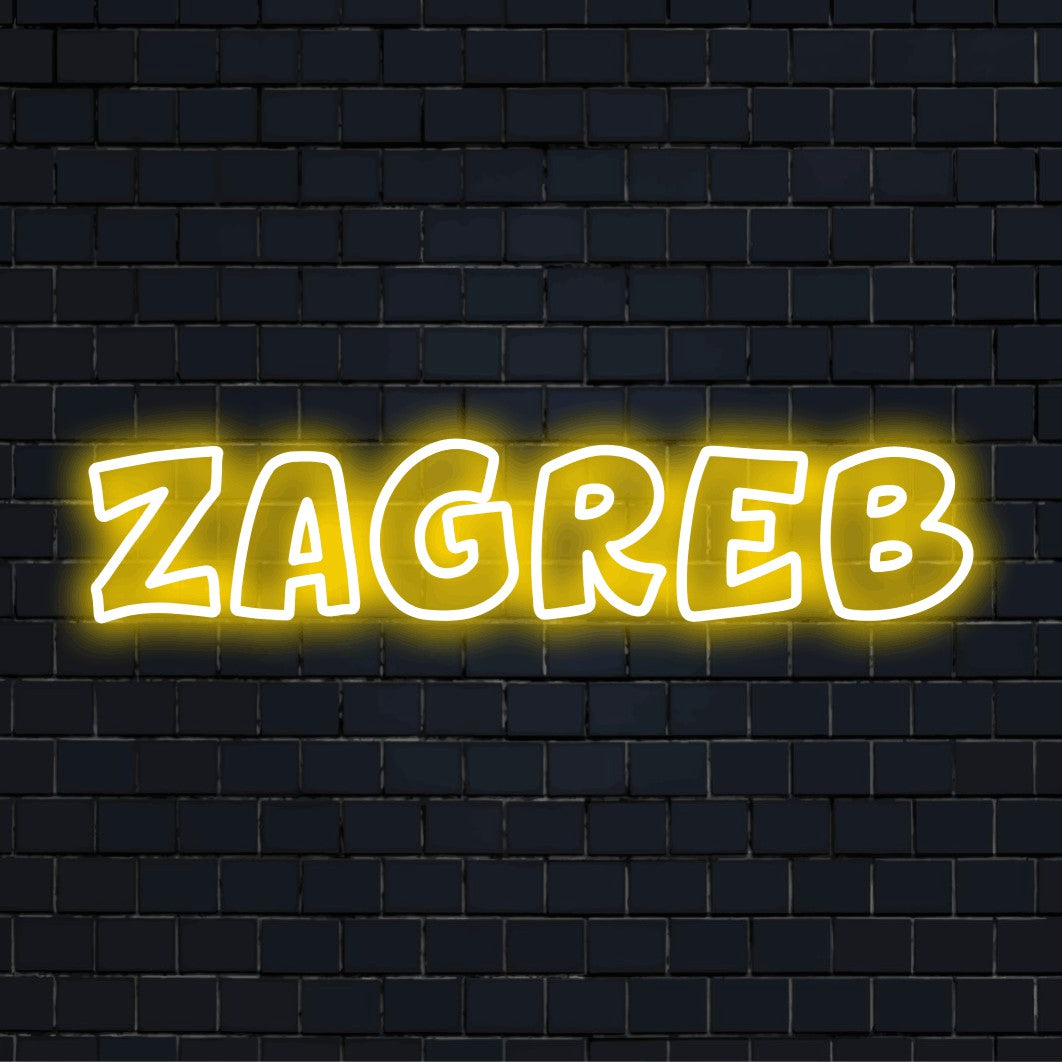 Zagreb Neon Sign, soft neon glow on black brick background
