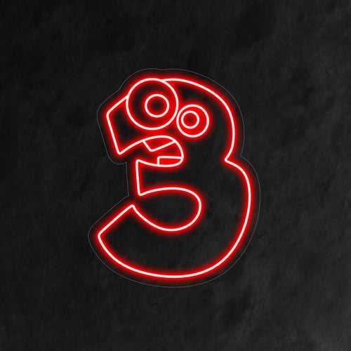 "3rd Birthday Neon Sign" sisältää söpön ja koomisen numeron 3, jossa on karikatyyrilliset silmät ja hampaat, jotka lisäävät ihastuttavan silauksen lapsen kolmannen syntymäpäivän juhliin.