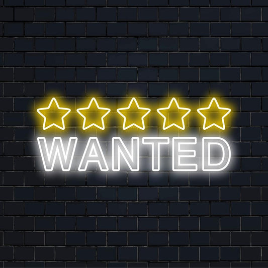 Vibrant custom LED neon sign showcasing '5 Stars Wanted' in bold lettering, perfect for eye-catching neon decor.