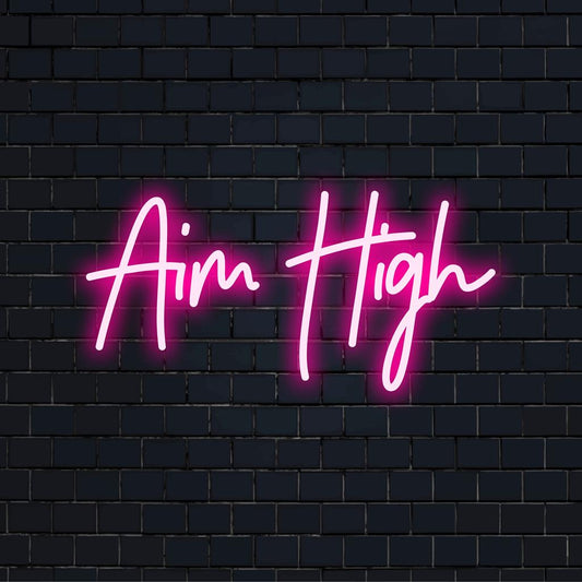 Vibrant Aim High LED neon sign; perfect for home or office decor, combining motivational art with bright neon light charm.