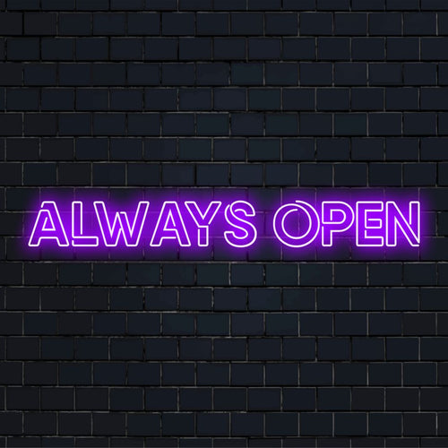 LED neonskylt med texten Always Open, levande och välkomnande, perfekt anpassad neondekor för alla utrymmen.