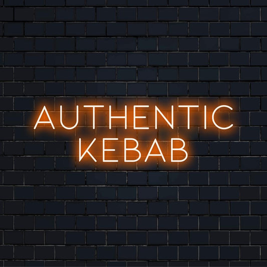 Handmade LED neon sign reading Authentic Kebab in vibrant colors, perfect for eye-catching neon light decor.