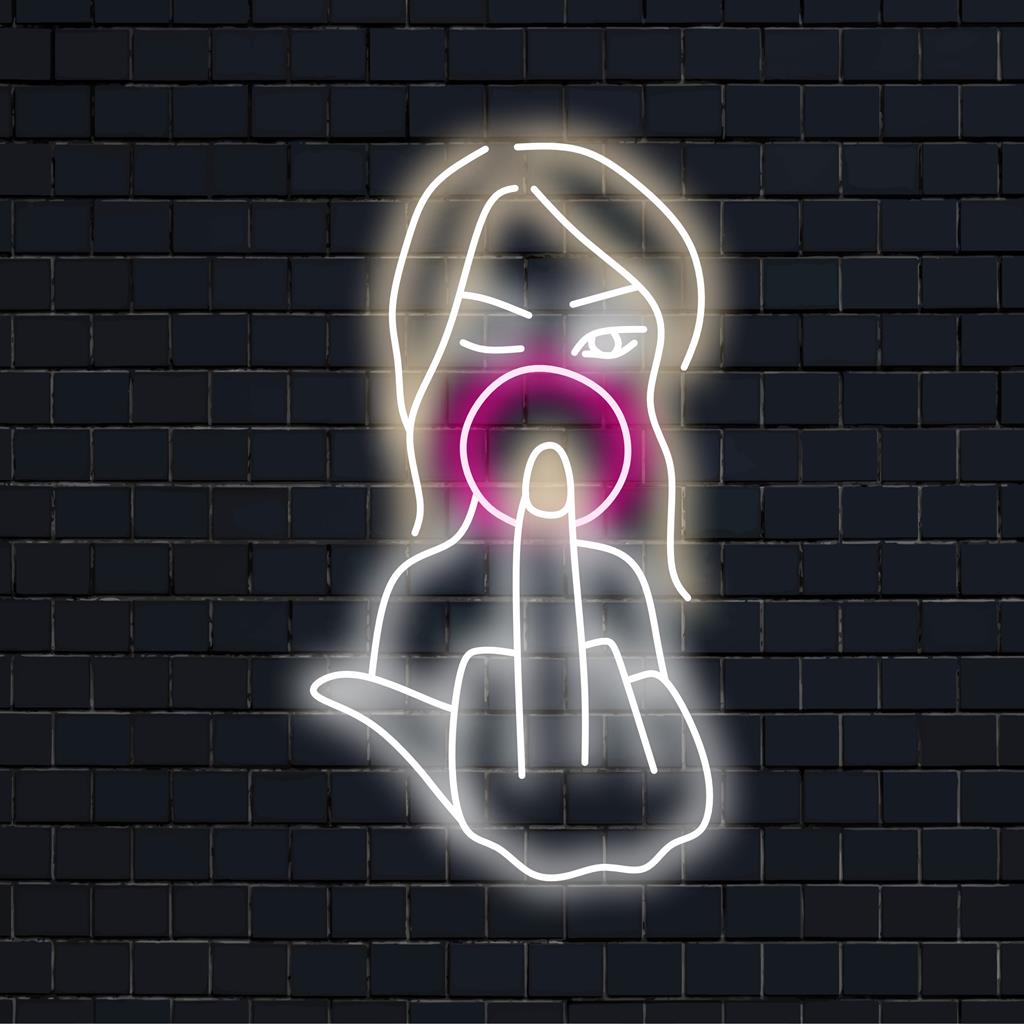 Mukautettu LED-neonkyltti, joka kuvaa Bad Girl -konseptia keskisormen eleellä ja ilmentää ärtyisää neonseinätaiteen estetiikkaa.