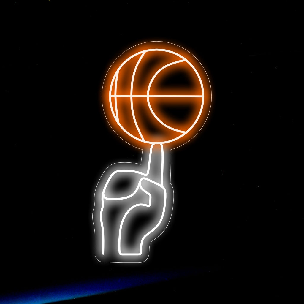 "Basketball Spinning on Finger Neon Sign" - Ett dynamiskt neonljus som visar den imponerande scenen av en basketboll som snurrar på ett finger, vilket ingjuter spänning och sportsmannaanda i din inredning med baskettema.