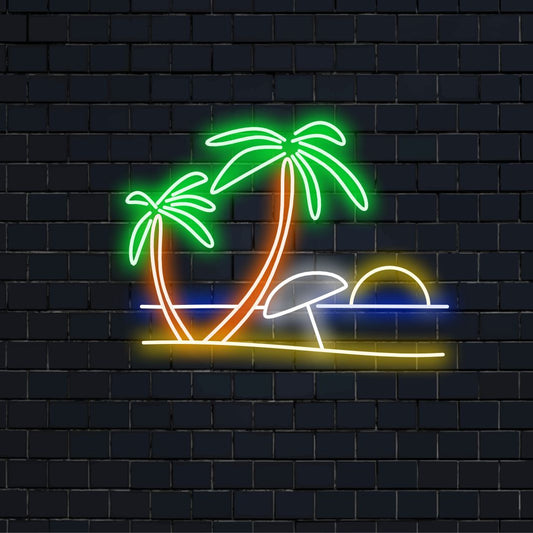"Beach and Palm Trees Neon Sign" - Trooppinen neonvalo, jossa on rannan ja palmujen symboleja, jotka tuovat rannikon charmia ja rentoutumista asuintilaasi.