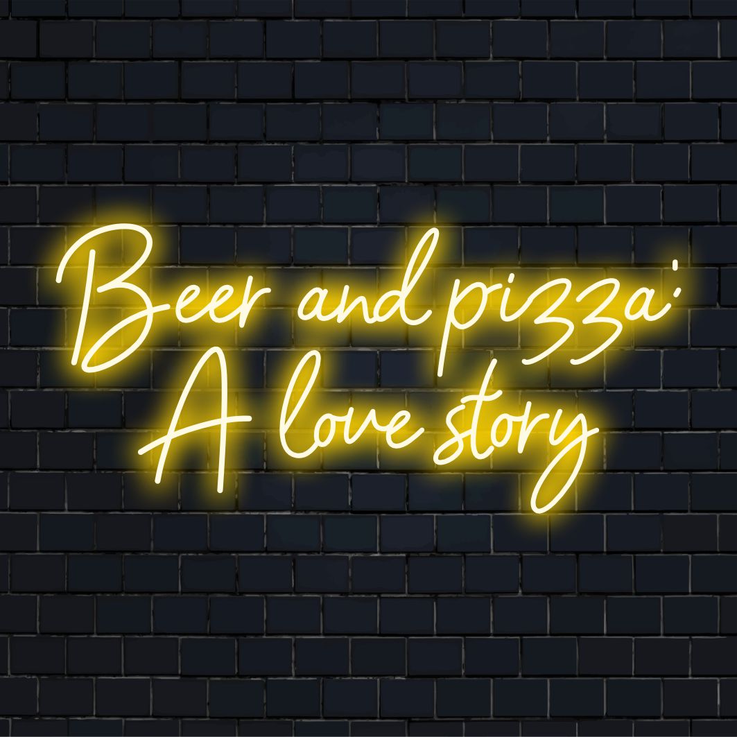 Mukautettu LED-neonkyltti, jossa on olutta ja pizzaa A Love Story hehkuva muotoilu yksilölliseen neonseinien sisustukseen.