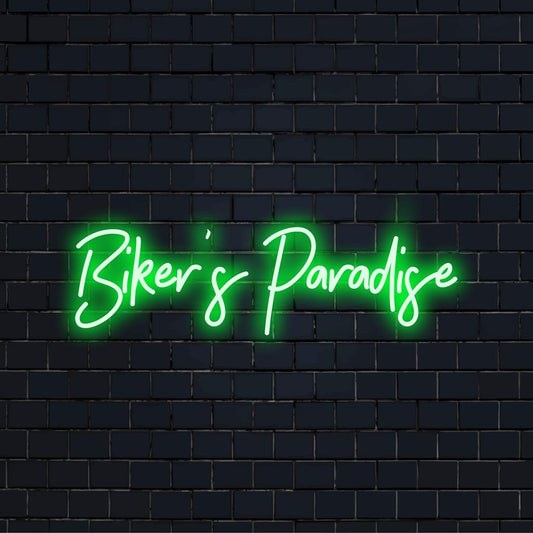 Custom Biker's Paradise LED neon sign, striking illuminated decor perfect for any space; a unique touch for motorcycle enthusiasts.