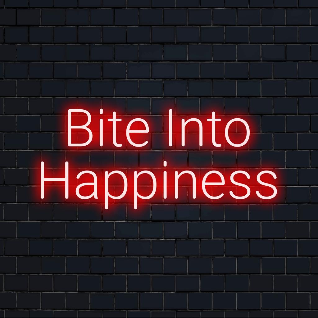 Mukautettu LED-valokyltti: Bite Into Happiness, eloisa neonsisustus, joka luo iloisen tunnelman mihin tahansa tilaan.