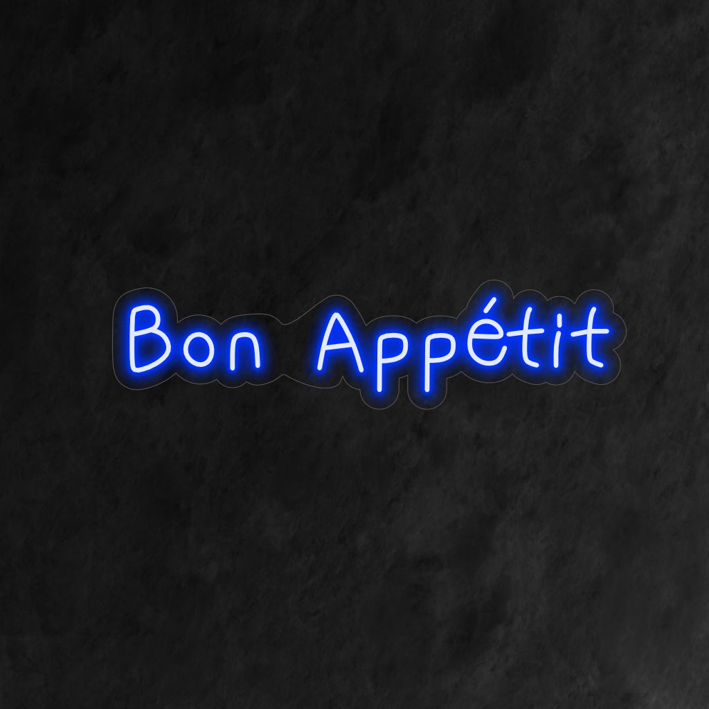 "Bon App��tit Neon Sign" - Viehättävä neonvalo, jossa on sanat "Bon App��tit", joka tuo kulinaarista nautintoa ja kutsuvan tunnelman keittiöösi tai ruokailutilaan.