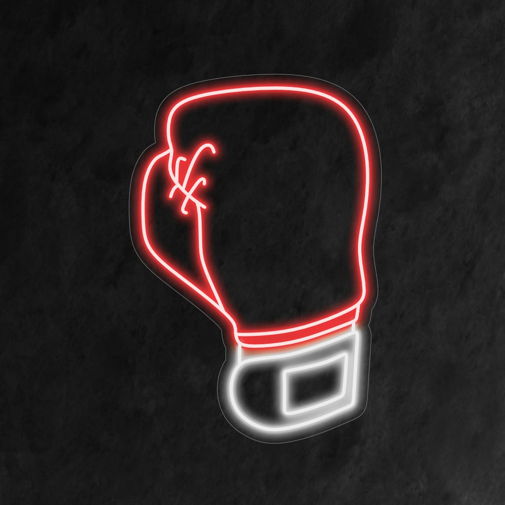 "Boxing Glove Neon Sign" - Rohkea neonvalo, jossa on nyrkkeilyhanskan ikoninen symboli ja joka tuo urheilullisuutta ja intensiivisyyttä nyrkkeilysaliin tai urheiluaiheiseen sisustukseen.